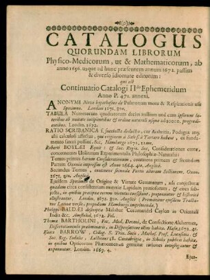 Catalogus Quorundam Librorum Physico-Medicorum, ut & Mathematicorum, ab anno 1656. usque ad hunc praesentem annum 1672 ...