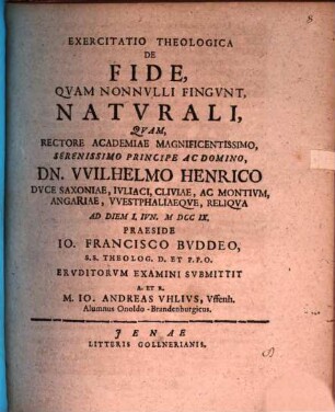 Exercitatio Theologica De Fide, Qvam Nonnvlli Fingvnt, Natvrali