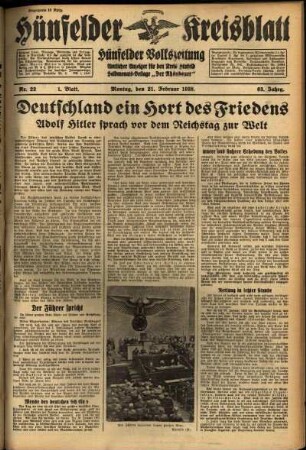 Erste Ausgabe vom Montag, den 21. Februar 1938.
