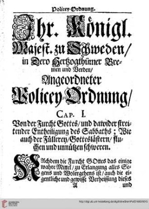Policey-Ordnung / Cap. I