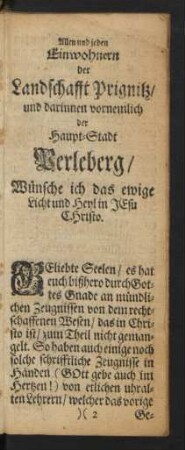 Allen und jeden Einwohnern der Landschaft Prignitz/und darinnen vornemlich der Haupt-Stadt Perleberg ...