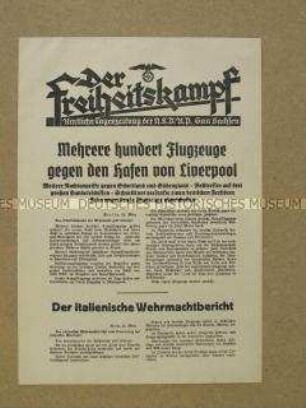 Nachrichtenblatt der Tageszeitung der NSDAP Sachsen "Der Freiheitskampf" über deutsche Nachtangriffe gegen Schottland und Südengland