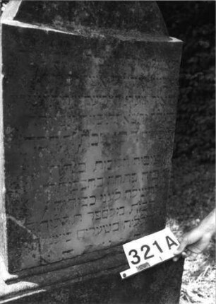 Grabstein 321 (Index: 100085209) Maße HxBxT: 173x73x36 cm Beschreibung: ädikulaart. St. , getreppt. Sockel, eingezog. Rundbogenabschl. , Schriftfeld eingetieft: Grabstein 321A