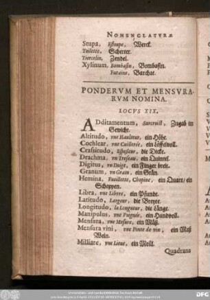 Ponderum Et Mensurarum Nomina. Locus XIX.