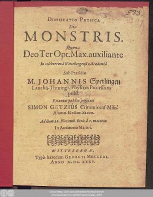 Disputatio Physica De Monstris