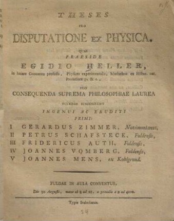 Theses pro disputatione ex physica