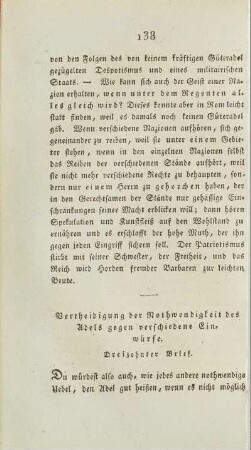 Vertheidigung der Nothwendigkeit des Adels gegen verschiedene Einwürfe. Dreizehnter Brief.