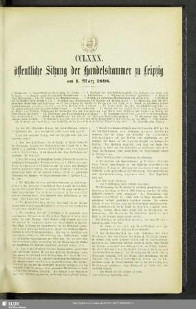 CCLXXX. öffentliche Sitzung der Handelskammer zu Leipzig am 1. März 1898