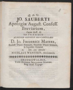 Jo. Sauberti Apologiæ August. Confess. Breviarium