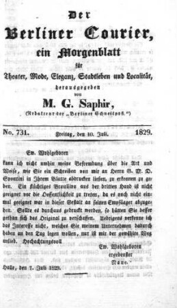 No. 731., Freitag, den 10. Juli 1829