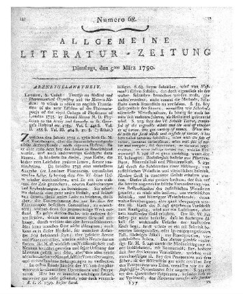 Monro, Donald: Treatise on Medical and Pharmaceutical Chymistry and the Materia Medica: to which is added an english Translation of the new Edition of the Pharmacopoeja of the royal College of Physicians of London. London: Cadell 1789