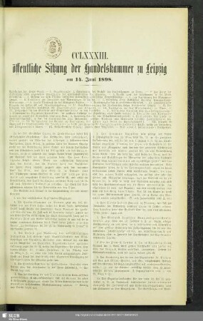 CCLXXXIII. öffentliche Sitzung der Handelskammer zu Leipzig am 14. Juni 1898