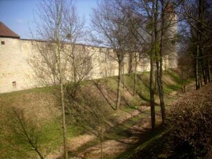 Stadtbefestigung (Süd) - Stadtmauer mit Stadtgraben im Verlauf zum Wehrturm (Eulenturm) im Südosten