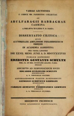 Variae lectiones e codice Ms. Parisiensi collectae ad Abulfaragii Babbaghae carmina a Philippo Wolffio edita : [diss.]