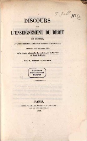 Discours sur l'enseignement du droit en France ...