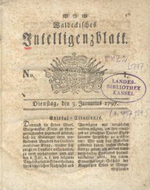 No. 1, Dienstag, den 3. Januarius 1797