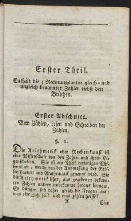 Erster Abschnitt. Vom Zählen, Lesen und Schreiben der Zahlen
