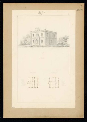 Archiv Monatskonkurrenz Juni 1839: Grundriss Erdgeschoss, Obergeschoss, perspektivische Ansicht; Maßstabsleiste
