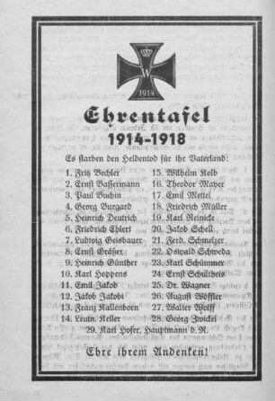 Ehrentafel 1914-1918.