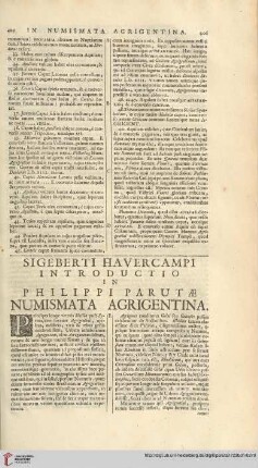 Sigeberti Havercampi introductio in Philippi Parutae numismata Agrigentina