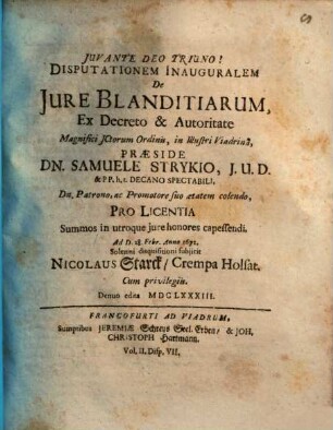 Disputationem Inauguralem De Jure Blanditiarum, Ex Decreto & Autoritate