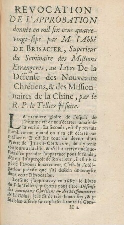 Revocation de l'approbation donnée en mil six cens quatre- ... par M. l'abbé de Brisacier, ...