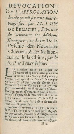 Revocation de l'approbation donnée en mil six cens quatre- ... par M. l'abbé de Brisacier, ...