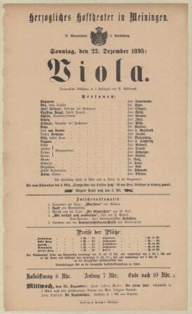 Theaterzettel zur Aufführung die Dramatische Dichtung "Viola. von A. Wilbrandt" in der Spielzeit 1895/96 des Herzoglichen Hoftheaters in Meiningen.