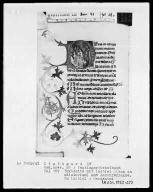 Gebetbuch des Konrad Peutinger — Initiale D (eus in adiutorium), darin der Marientod, Folio 18verso