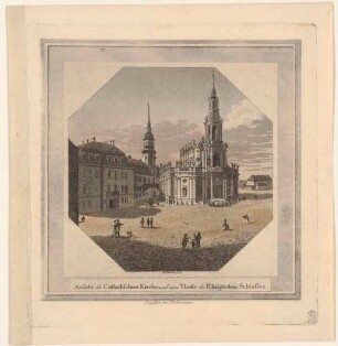 Der Schlossplatz in Dresden von Nordosten mit dem Schloss und Georgentor und der Katholischen Hofkirche, im Hintergrund das Morettische Theater auf dem heutigen Theaterplatz