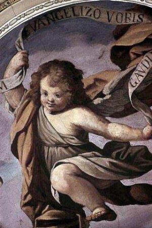 Engel mit Spruchband: "ECCE ENIM EVANGELIZO VOBIS GAUDIUM MAGNUM"
