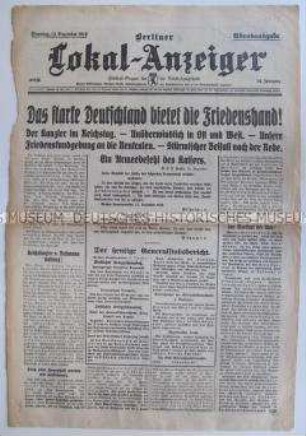 Titelblatt des "Berliner Lokal-Anzeiger" zum Friedensangebot Deutschlands