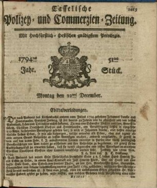 51tes Stueck, Montag den 22ten December 1794