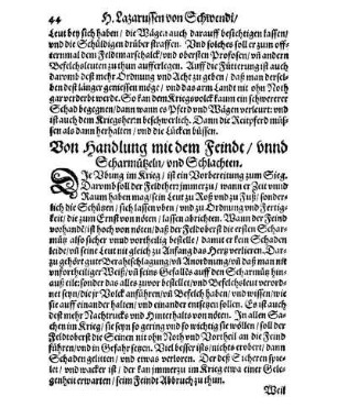 Von Handlung mit dem Feindt/ vnnd Scharmützeln/ vnd Schlachten.