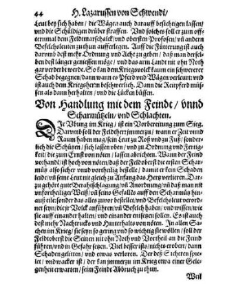 Von Handlung mit dem Feindt/ vnnd Scharmützeln/ vnd Schlachten.