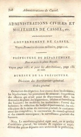 Administrations civiles et militaires de Cassel, etc.