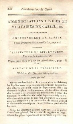 Administrations civiles et militaires de Cassel, etc.