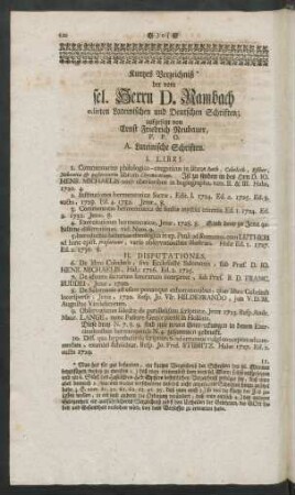Kurtzes Verzeichniß der vom sel. Herrn D. Rambach edirten Lateinischen und Deutschen Schriften; aufgesetzt von Ernst Friedrich Neubauer, P. P. O.