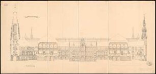 Preußisches Parlament, Berlin Schinkelwettbewerb 1869: Längsschnitt mit Ansichten