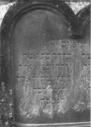 Grabstein 111 (Index: 99609747) Material: Sandstein Zustand: verwittert Maße HxBxT: 66x59x11 cm Beschreibung: Doppelstele für Zwillingsgeschwister (links: Fanny, rechts: Max), jeweils Rundbogenabschluß, Schriftfeld eingetieft, kein Mittelsteg Besonderheit: Doppelgrab für Zwillingsgeschwister; - Kindergrab: Grabstein 111B