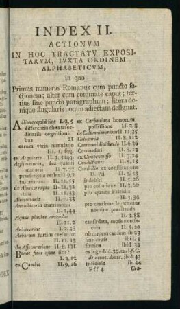 Fff4r-Fff6v, Index II. Actionum in hoc tractatu expositarum, luxta ordinem alphabeticum, in quo...