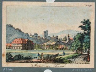 Tharandt, Blick aus dem Tal der Wilden Weißeritz auf Kurbad (Kaltwasser-Heilanstalt), Burgruine und Stadt- und Bergkirche