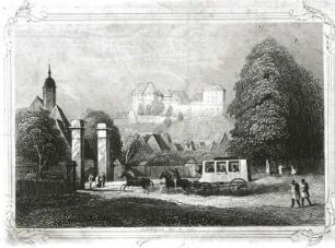 Pirna, Dohnaisches Tor und Schloss Sonnenstein : Darstellung von 1860, gezeichnet und gestochen