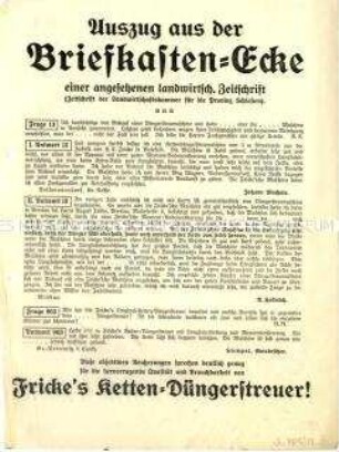 Auszug über Düngerstreuer aus der Briefkasten-Ecke einer landwirtschaftlichenZeitschrift