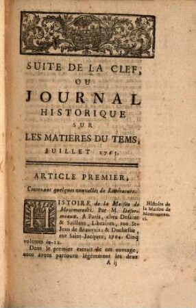 Suite de la clef ou journal historique sur les matières du tems : contenant quelques nouvelles de littérature & autres remarques curieuses, 98. 1765