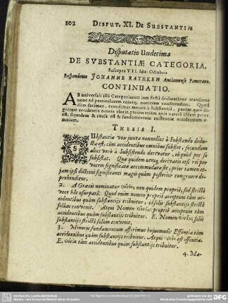 Disputatio Undecima De Substantiae Categoria