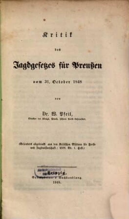 Kritik des Jagdgesetzes für Preußen vom 3ten Oktober 1848