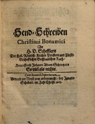 Sendschreiben Christiani Bonamici an ... Schefflern
