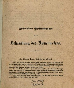 Instruktive Bestimmungen über die Behandlung des Armenwesens