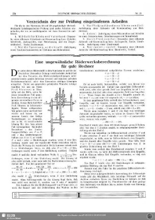 Verzeichnis der zur Prüfung eingelaufenen Arbeiten